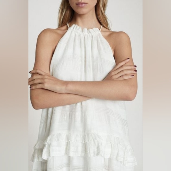 Reiss Gabriella Ruffle High Neck Linen Blend Shift Dress White 8 NWT - Picture 6 of 12
